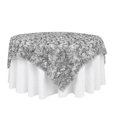 72"x72" Silver 3D Rosette Satin Square Table Overlay