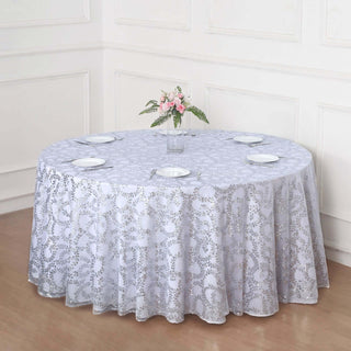 Add a Touch of Elegance with the Silver Sequin Leaf Embroidered Tulle Round Tablecloth Add a Touch of Elegance with the Silver Sequin Leaf Embroidered Tulle Round Tablecloth