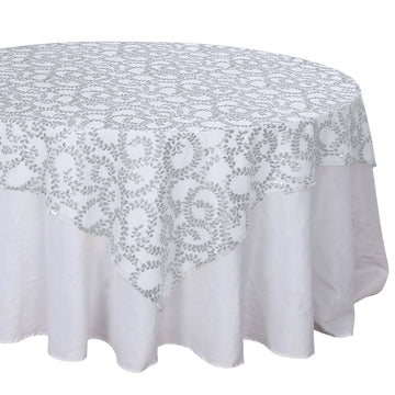 72"x72" Silver Sequin Leaf Embroidered Seamless Tulle Table Overlay, Square Sheer Table Topper