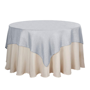 72"x72" Silver Slubby Textured Linen Square Table Overlay, Wrinkle Resistant Polyester Tablecloth Topper
