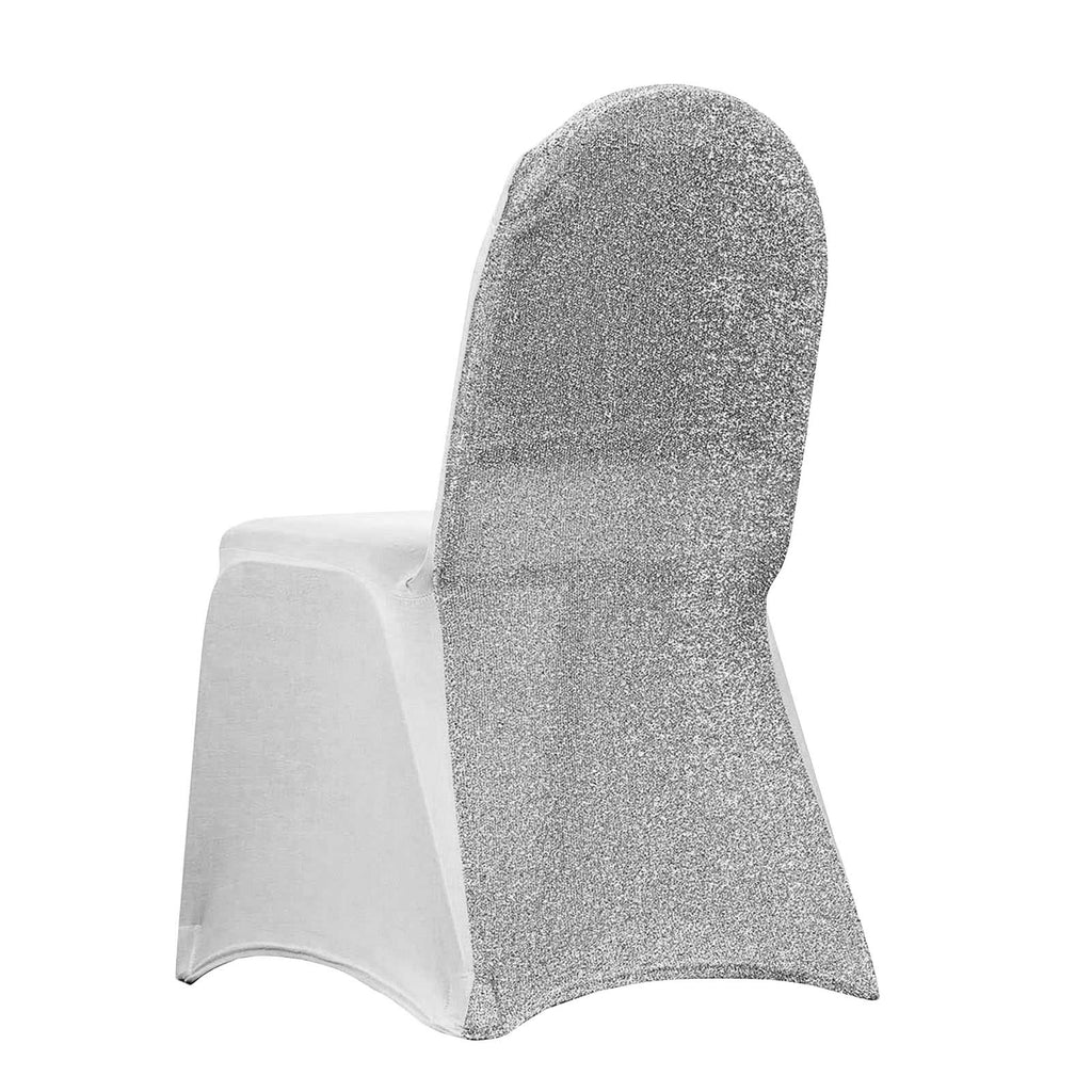 Silver Spandex Stretch Banquet Chair Cover With Metallic Glittering