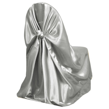 Silver Satin Self-Tie Universal Chair Cover, Folding, Dining, Banquet and Standard Size Chair Cover