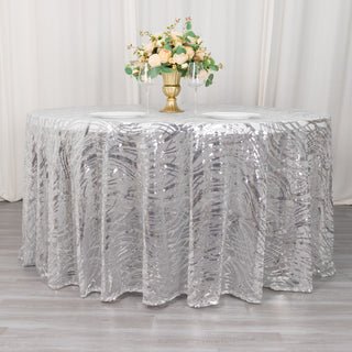 Elevate Your Event with the 120" Silver Wave Mesh Round Tablecloth