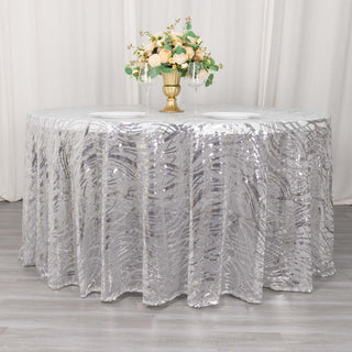 Elevate Your Event with the 120" Silver Wave Mesh Round Tablecloth Elevate Your Event with the 120" Silver Wave Mesh Round Tablecloth