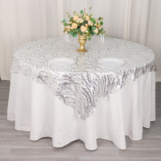 Enhance Your Event Decor with the Silver Wave Mesh Square Table Overlay