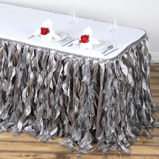 Elegant Silver Curly Willow Taffeta Table Skirt