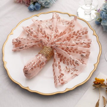 Sparkly Rose Gold Leaf Vine Embroidered Sequin Tulle Cloth Dinner Napkins, Sheer Decorative Napkins