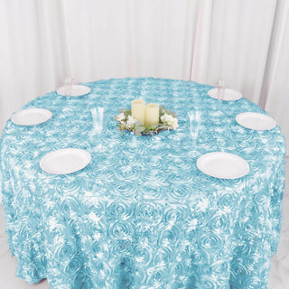 Create a Dreamy Atmosphere with the Light Blue 120" Seamless Rosette Satin Round Tablecloth Create a Dreamy Atmosphere with the Light Blue 120" Seamless Rosette Satin Round Tablecloth
