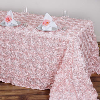 Add a Touch of Luxury with our Blush Seamless Grandiose 3D Rosette Satin Rectangle Tablecloth Add a Touch of Luxury with our Blush Seamless Grandiose 3D Rosette Satin Rectangle Tablecloth