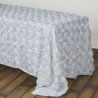 Elegant White Seamless Grandiose 3D Rosette Satin Rectangle Tablecloth Elegant White Seamless Grandiose 3D Rosette Satin Rectangle Tablecloth