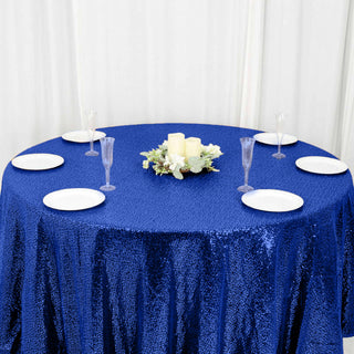 Create a Timeless and Elegant Ambiance with the Royal Blue Seamless Premium Sequin Round Tablecloth Create a Timeless and Elegant Ambiance with the Royal Blue Seamless Premium Sequin Round Tablecloth
