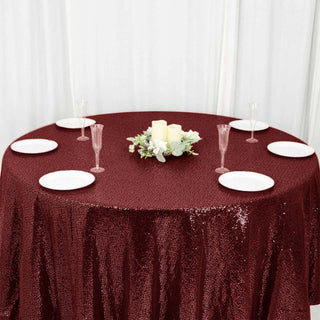 Make a Statement with the 120" Burgundy Seamless Premium Sequin Round Tablecloth Make a Statement with the 120" Burgundy Seamless Premium Sequin Round Tablecloth