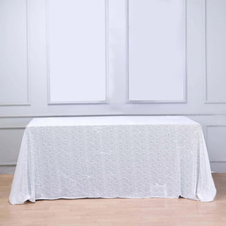 Elevate Your Event with the 90x156 White Seamless Premium Sequin Rectangle Tablecloth Elevate Your Event with the 90x156 White Seamless Premium Sequin Rectangle Tablecloth