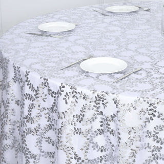 Elevate Your Table Decor with the Silver Sequin Leaf Embroidered Tulle Round Tablecloth Elevate Your Table Decor with the Silver Sequin Leaf Embroidered Tulle Round Tablecloth