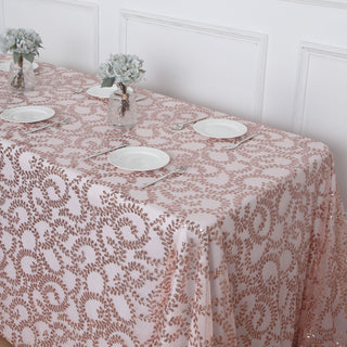 Rose Gold Sequin Leaf Embroidered Tulle Rectangular Tablecloth