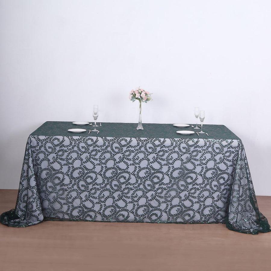 90x156inch Hunter Emerald Green Sequin Leaf Embroidered Tulle Rectangular Tablecloth