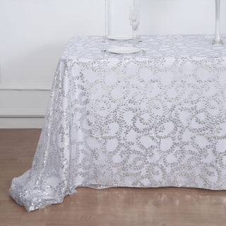 Captivating Silver Sequin Leaf Embroidered Tulle Rectangular Tablecloth
