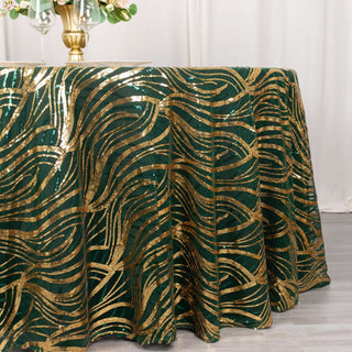 Elevate Your Tablescapes with the Hunter Emerald Green Gold Wave Mesh Round Tablecloth Elevate Your Tablescapes with the Hunter Emerald Green Gold Wave Mesh Round Tablecloth