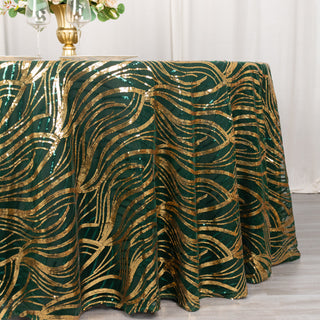 Elevate Your Tablescapes with the Hunter Emerald Green Gold Wave Mesh Round Tablecloth