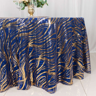 Create a Luxurious and Memorable Event with the Royal Blue Gold Wave Mesh Round Tablecloth Create a Luxurious and Memorable Event with the Royal Blue Gold Wave Mesh Round Tablecloth