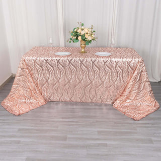 Elevate Your Event with the Rose Gold Wave Mesh Rectangular Tablecloth Elevate Your Event with the Rose Gold Wave Mesh Rectangular Tablecloth