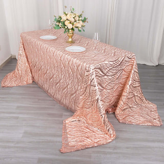 Create a Luxurious Focal Point with the Rose Gold Wave Embroidered Sequin Tablecloth Create a Luxurious Focal Point with the Rose Gold Wave Embroidered Sequin Tablecloth