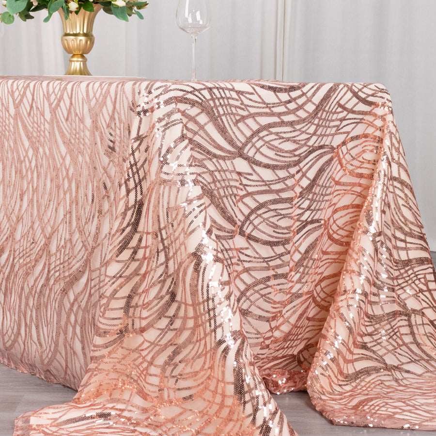90x156inch Blush Rose Gold Wave Mesh Rectangular Tablecloth With Embroidered Sequins