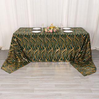 Elevate Your Event with the Emerald Green Gold Wave Mesh Tablecloth