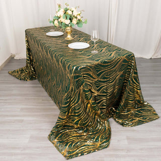 Create an Unforgettable Event with the Emerald Green Gold Wave Mesh Tablecloth Create an Unforgettable Event with the Emerald Green Gold Wave Mesh Tablecloth