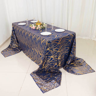 Make a Statement with the Royal Blue Gold Wave Mesh Tablecloth Make a Statement with the Royal Blue Gold Wave Mesh Tablecloth
