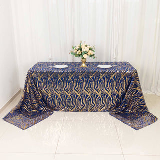 Elevate Your Event with the Royal Blue Gold Wave Mesh Tablecloth Elevate Your Event with the Royal Blue Gold Wave Mesh Tablecloth