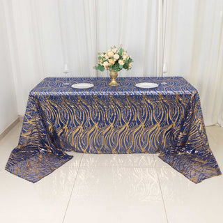 Elevate Your Event with the Royal Blue Gold Wave Mesh Tablecloth