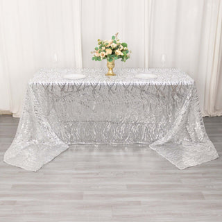 Elevate Your Event with the Silver Wave Mesh Rectangular Tablecloth Elevate Your Event with the Silver Wave Mesh Rectangular Tablecloth