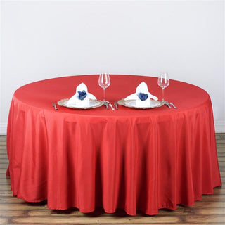 Add Elegance to Your Event with the 108" Red Seamless Polyester Round Tablecloth