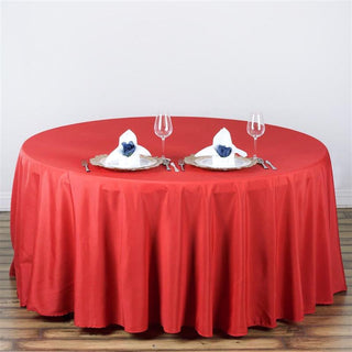 Add Elegance to Your Event with the 108" Red Polyester Round Tablecloth Add Elegance to Your Event with the 108" Red Polyester Round Tablecloth