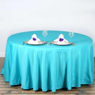 Versatile and Durable: The 108" Turquoise Polyester Round Tablecloth Versatile and Durable: The 108" Turquoise Polyester Round Tablecloth