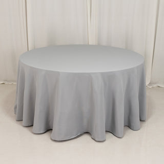 <strong>Premium Seamless Silver Polyester Round Tablecloth</strong> <strong>Premium Seamless Silver Polyester Round Tablecloth</strong>