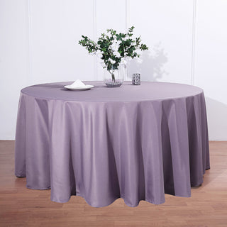 Add Elegance to Your Event with the 132" Violet Amethyst Seamless Polyester Round Tablecloth