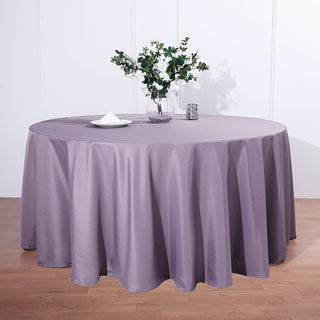 Add Elegance to Your Event with the 132" Violet Amethyst Seamless Polyester Round Tablecloth Add Elegance to Your Event with the 132" Violet Amethyst Seamless Polyester Round Tablecloth