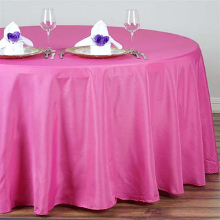 Add Elegance to Your Events with the 132" Fuchsia Seamless Polyester Round Tablecloth