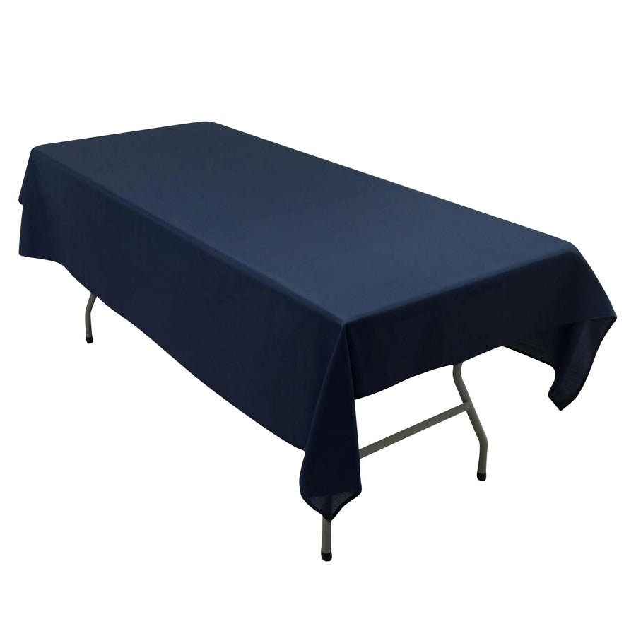 Navy tablecloth draped over a folding table