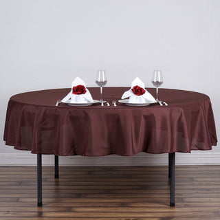 Add Elegance to Your Event with the 70" Round Chocolate Polyester Linen Tablecloth Add Elegance to Your Event with the 70" Round Chocolate Polyester Linen Tablecloth
