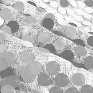 Add a Touch of Sparkle to Your Event with the Silver Seamless Big Payette Sequin Round Tablecloth Add a Touch of Sparkle to Your Event with the Silver Seamless Big Payette Sequin Round Tablecloth