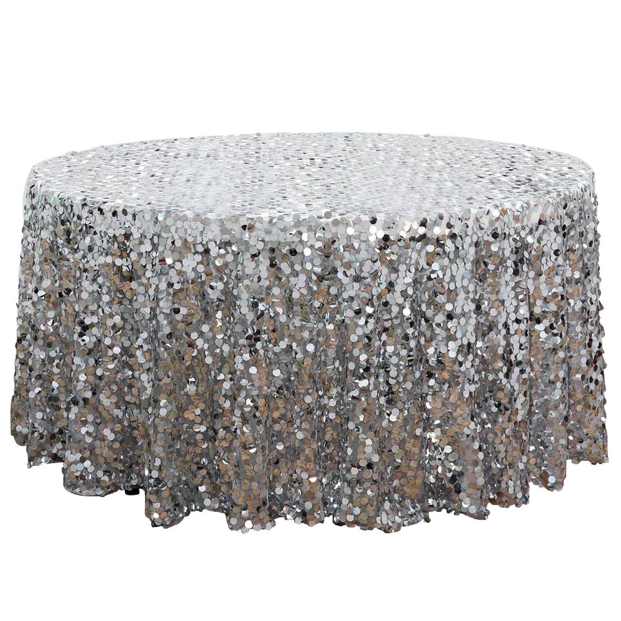 120" Big Payette Silver Sequin Round Tablecloth Premium Collection#whtbkgd