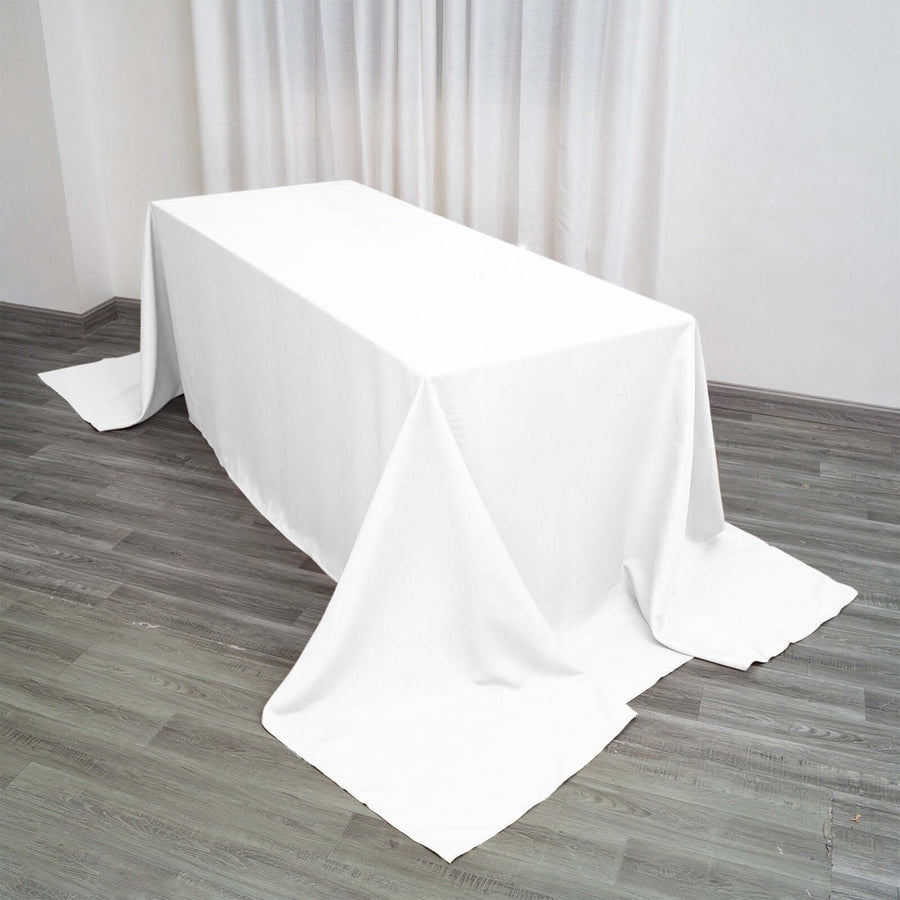 90"x156" White Polyester Rectangular Tablecloth