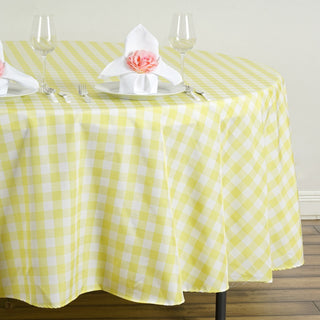 Create a Timeless and Charming Table Setting with the White/Yellow Buffalo Plaid Round Tablecloth
