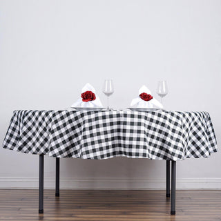 Add Elegance to Your Event with the White/Black Buffalo Plaid Round Tablecloth Add Elegance to Your Event with the White/Black Buffalo Plaid Round Tablecloth