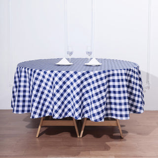 Elevate Your Event with the White/Navy Blue Seamless Buffalo Plaid Round Tablecloth
