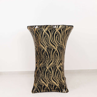 <strong>Black Gold Wave Embroidered Sequin Cocktail Spandex Table Cover</strong> <strong>Black Gold Wave Embroidered Sequin Cocktail Spandex Table Cover</strong>