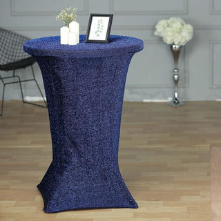 Create an Enchanting Atmosphere with the Navy Blue Metallic Shiny Glittered Spandex Cocktail Table Cover
